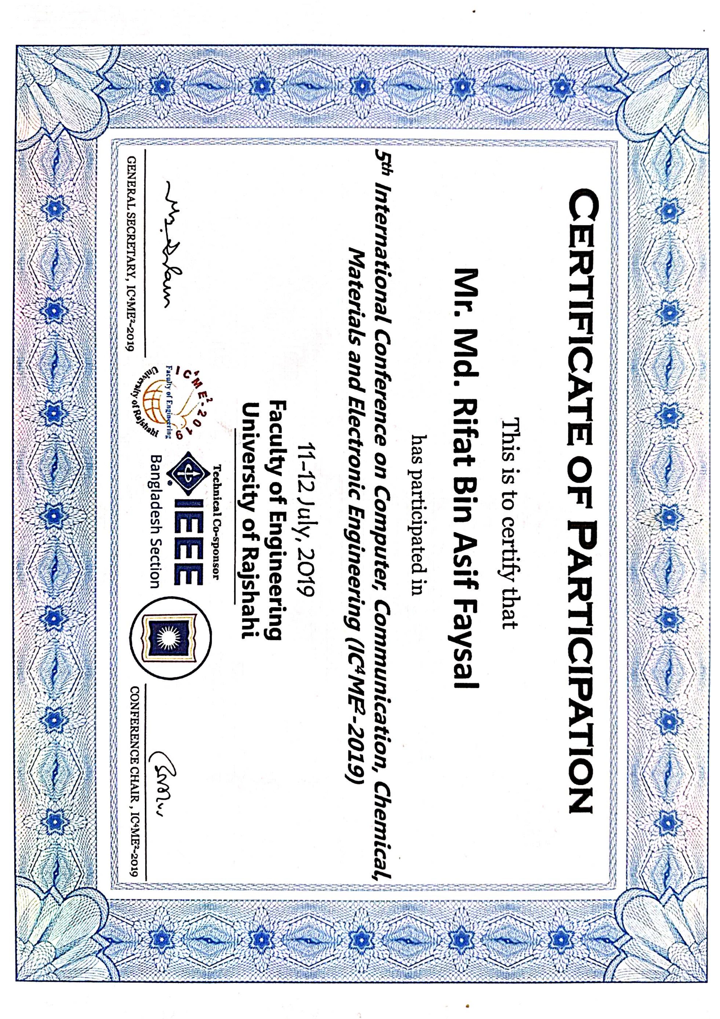 Certificate of Participating on International Conference on IC4ME2 -2019
